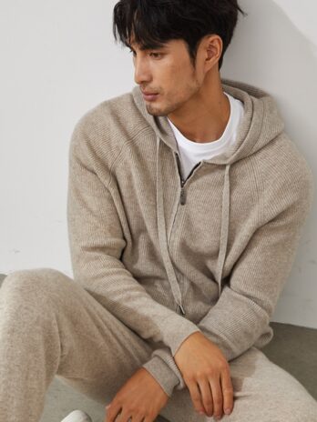 100% Cashmere Coat Men’s Hooded Collar Zipper Cardigan