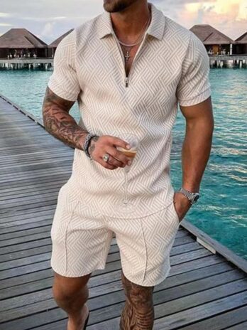 Men’s Polo Set Mesh Print Streetwear Short Sleeve Zipper Shorts