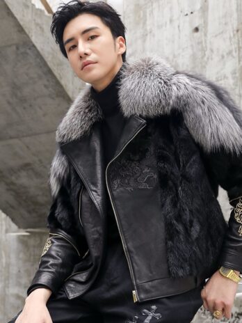 Luxury Real Silver Fox Fur Leather Overcoat